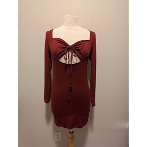 3rd + Malt Burgundy Long Sleeve Mini Dress With Front Cut-Out Bodycon